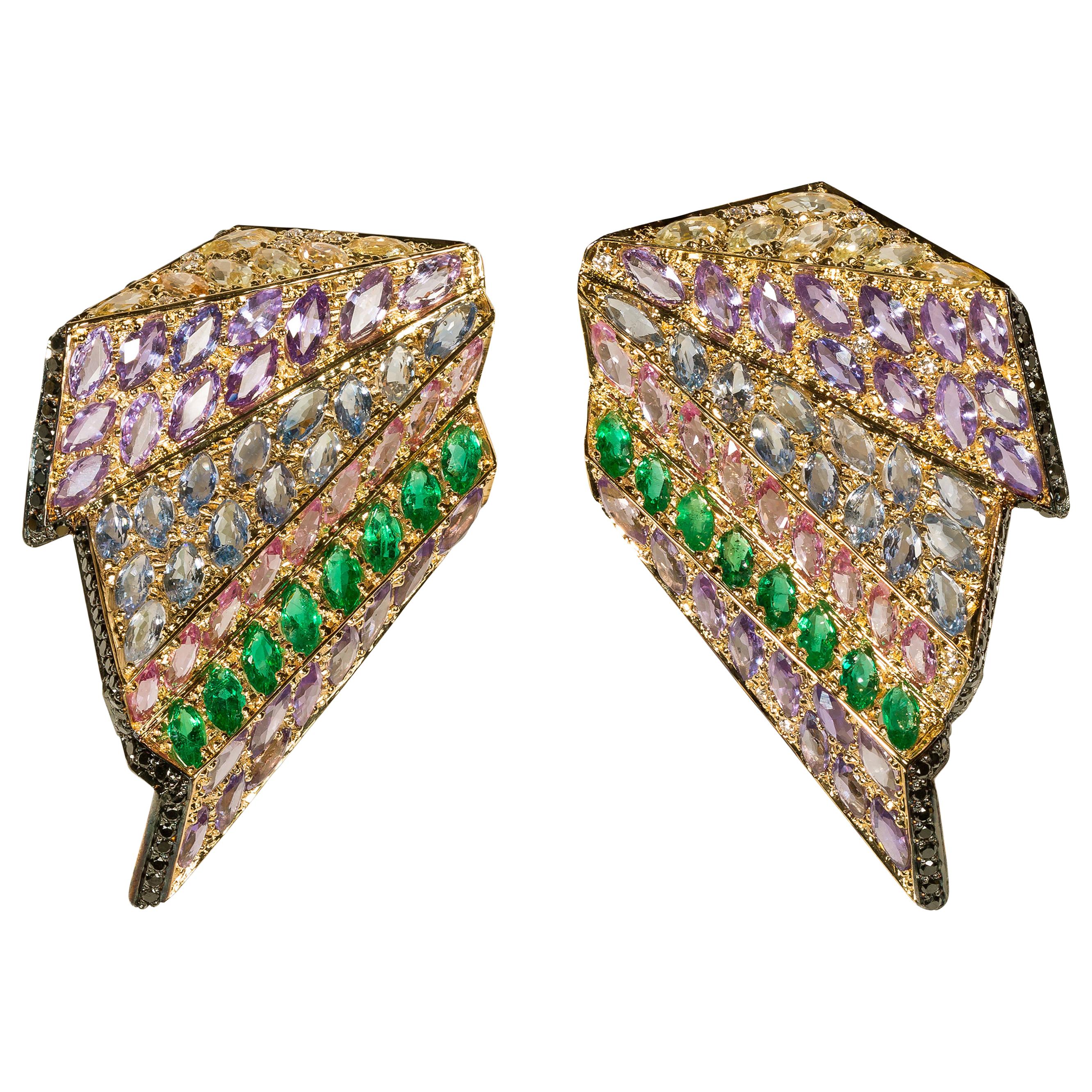 Rosior one-off Marquise Cut Multicolor Gemstone Drop Earrings set in Yellow Gold
