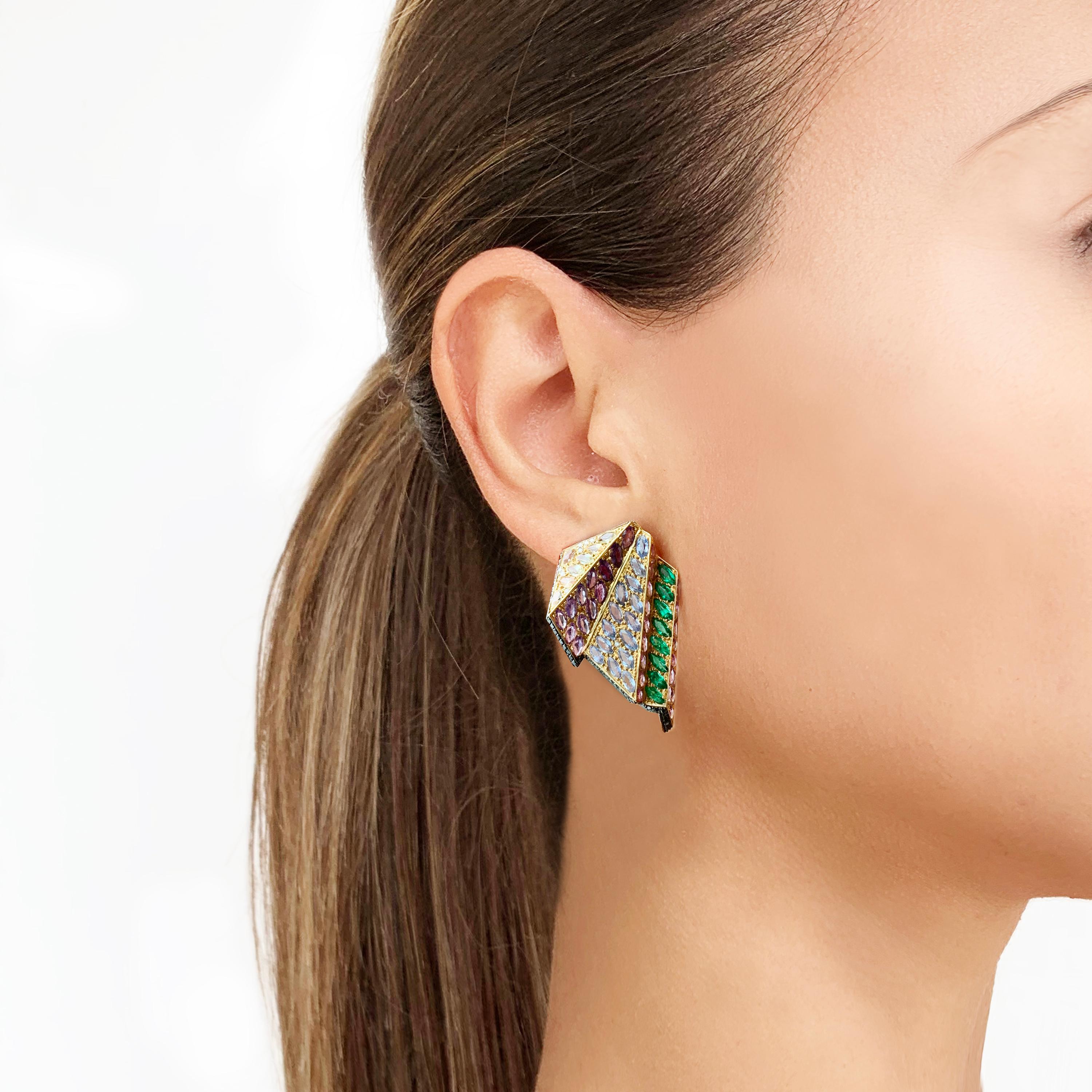 Contemporary Rosior one-off Marquise Cut Multicolor Gemstone Drop Earrings set in Yellow Gold