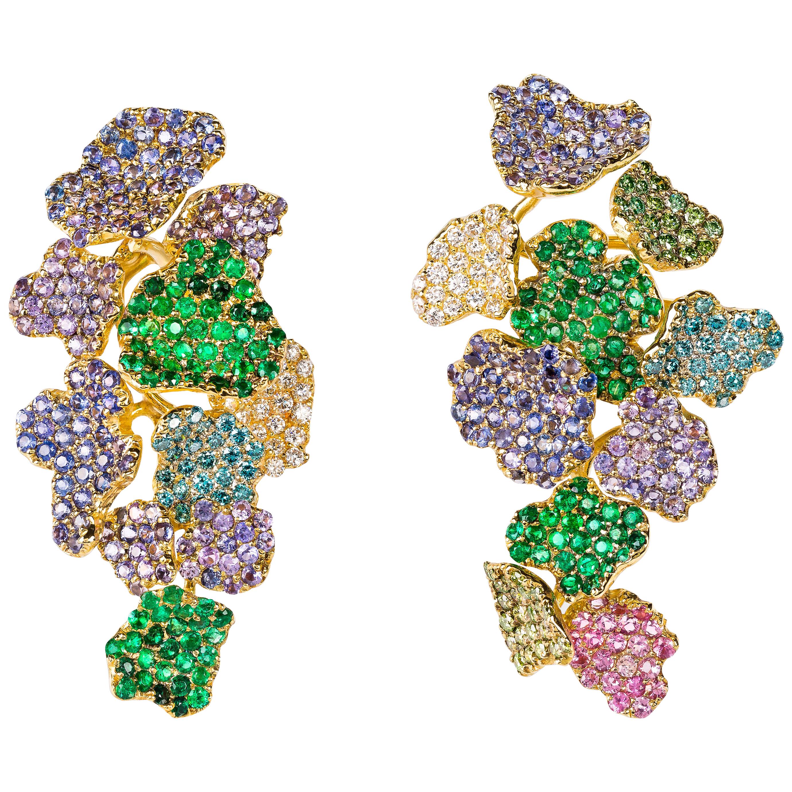 Rosior one-off Diamond, Sapphire and Emerald Drop Earrings set in Yellow Gold