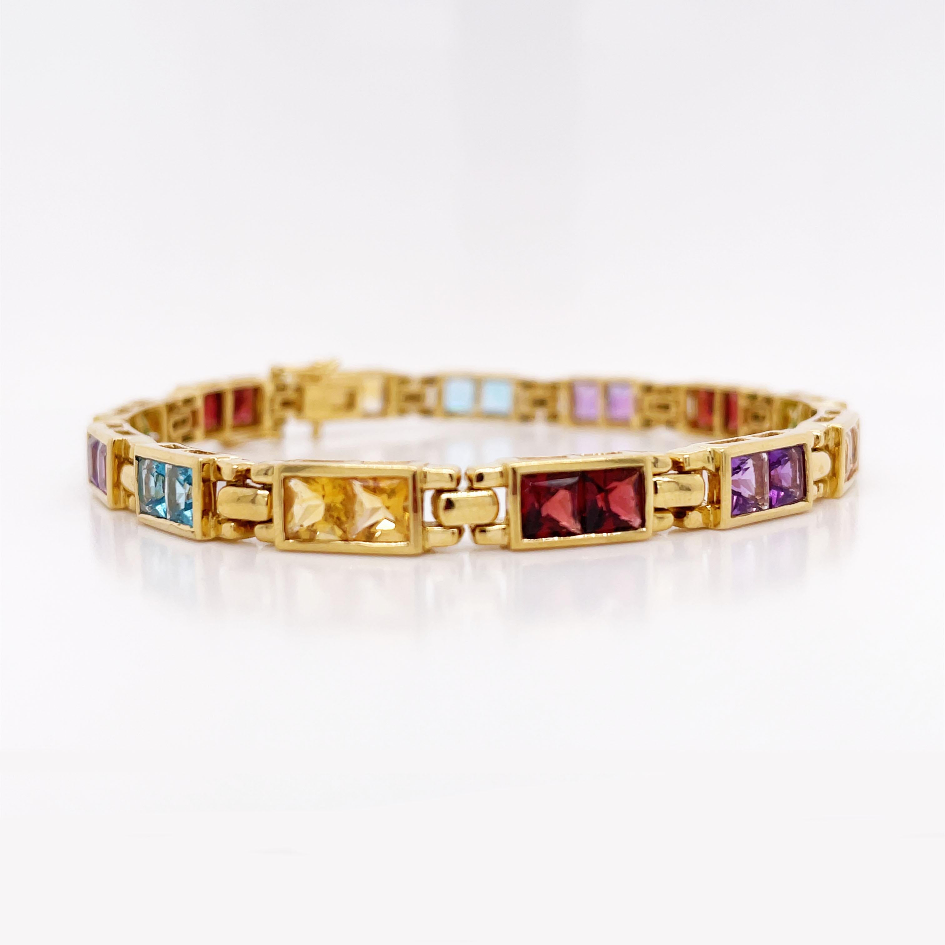 Square Cut Contemporary Yellow Gold Multi-Stone Line Bracelet For Sale