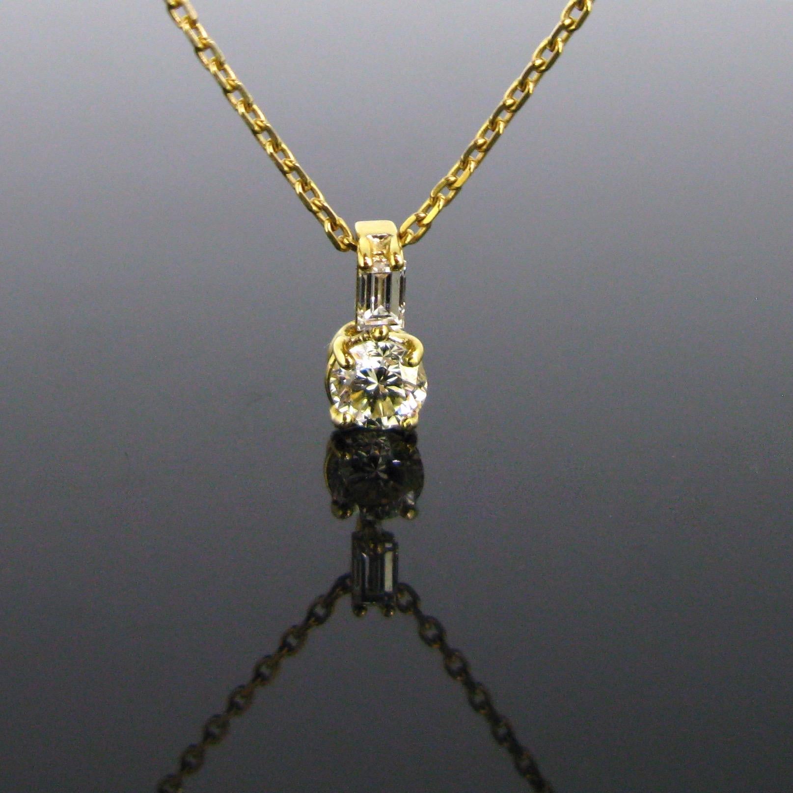 Round Cut Contemporary Yellow Gold Round and Baguette Diamonds Pendant Necklace