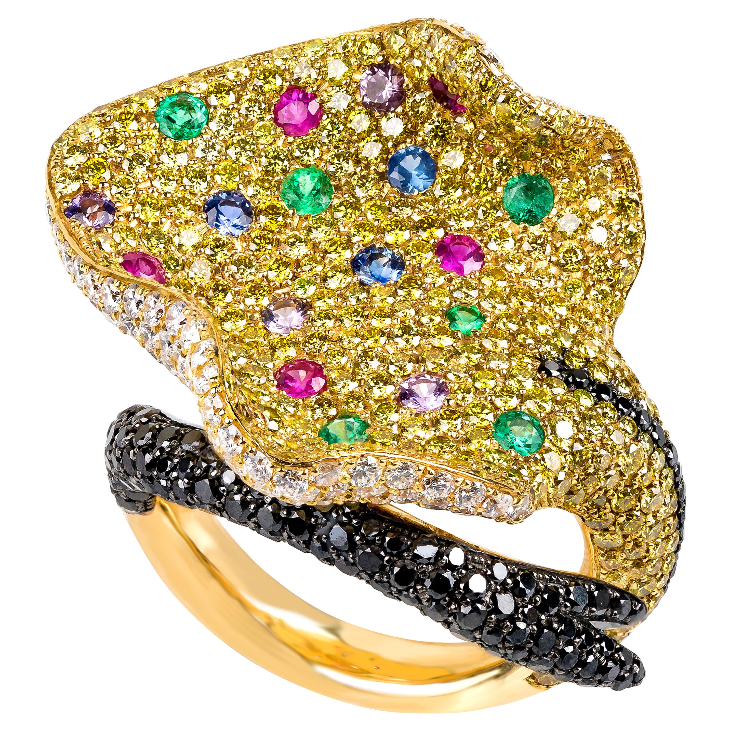 Contemporary Yellow Gold "Stingray" Ring with Diamonds, Emeralds and Sapphires