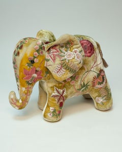Contemporary Yellow / Green Embroidered Silk Velvet Elephant