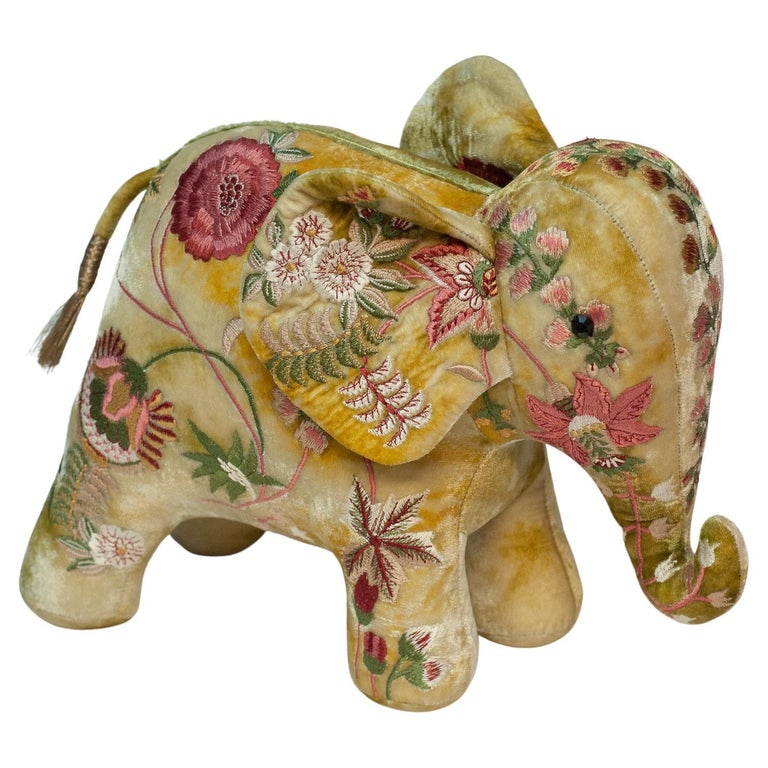 Contemporary Yellow / Green Embroidered Silk Velvet Elephant at 1stDibs