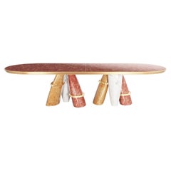 Contemporary Yellow, Pink, White Marble Oval Dining Table with Gold Details