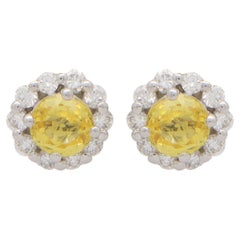 Contemporary Yellow Sapphire and Diamond Floral Daisy Cluster Earrings in Gold