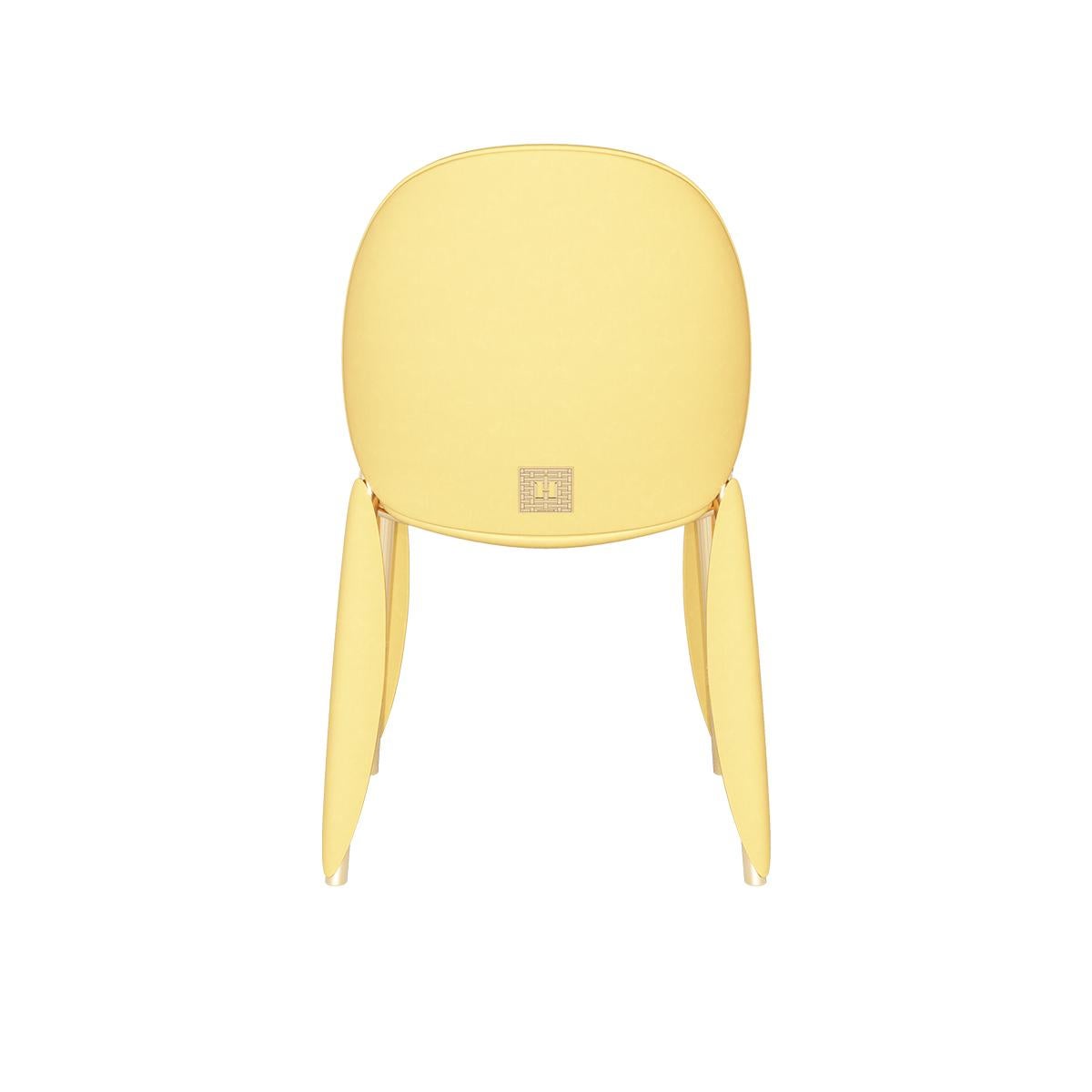 Modern Contemporary Minimal Yellow Velvet Dining Chair With Polished Brass Structure For Sale