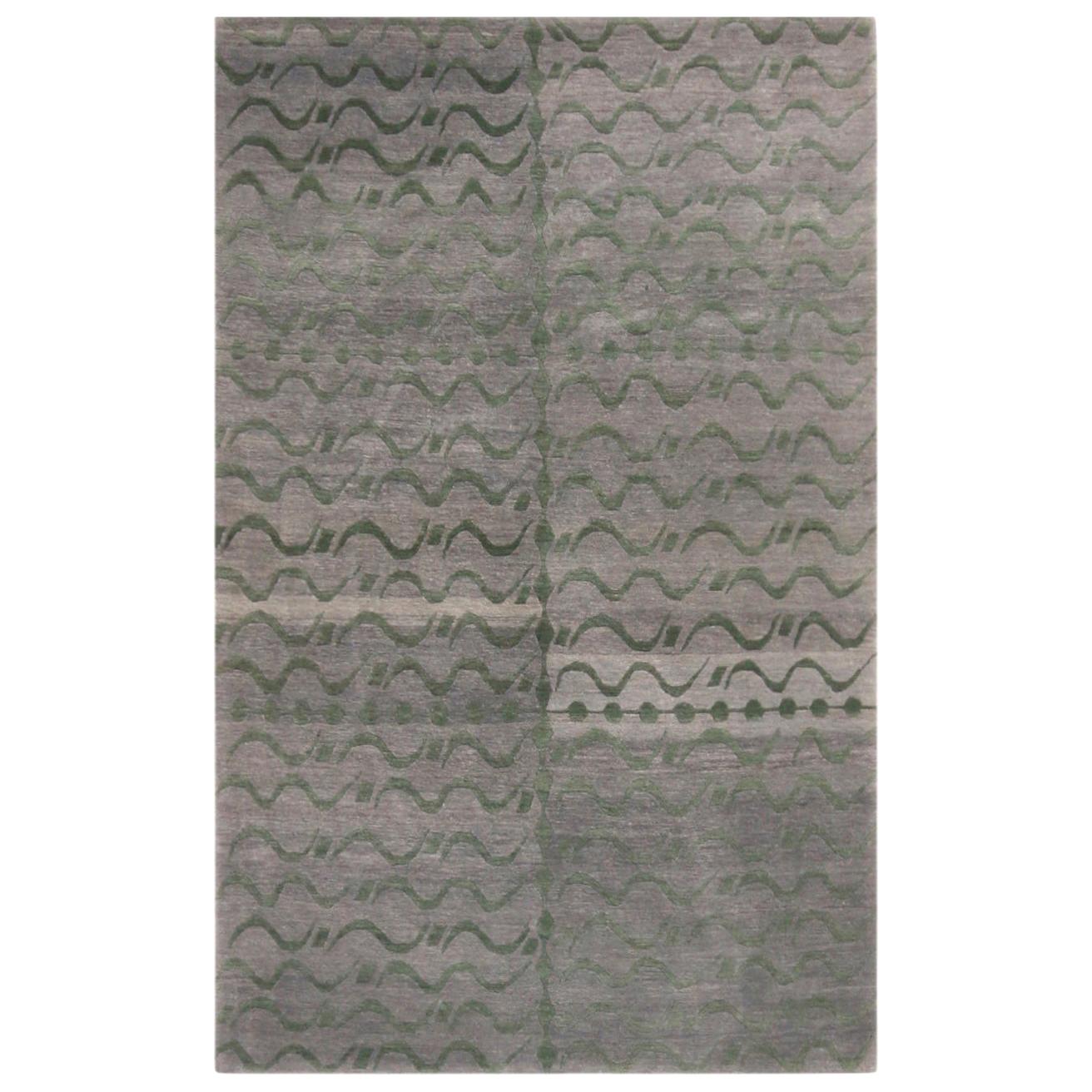 Rug & Kilim's Contemporary Youngste Design Silver-Gray and Green Wool Rug For Sale