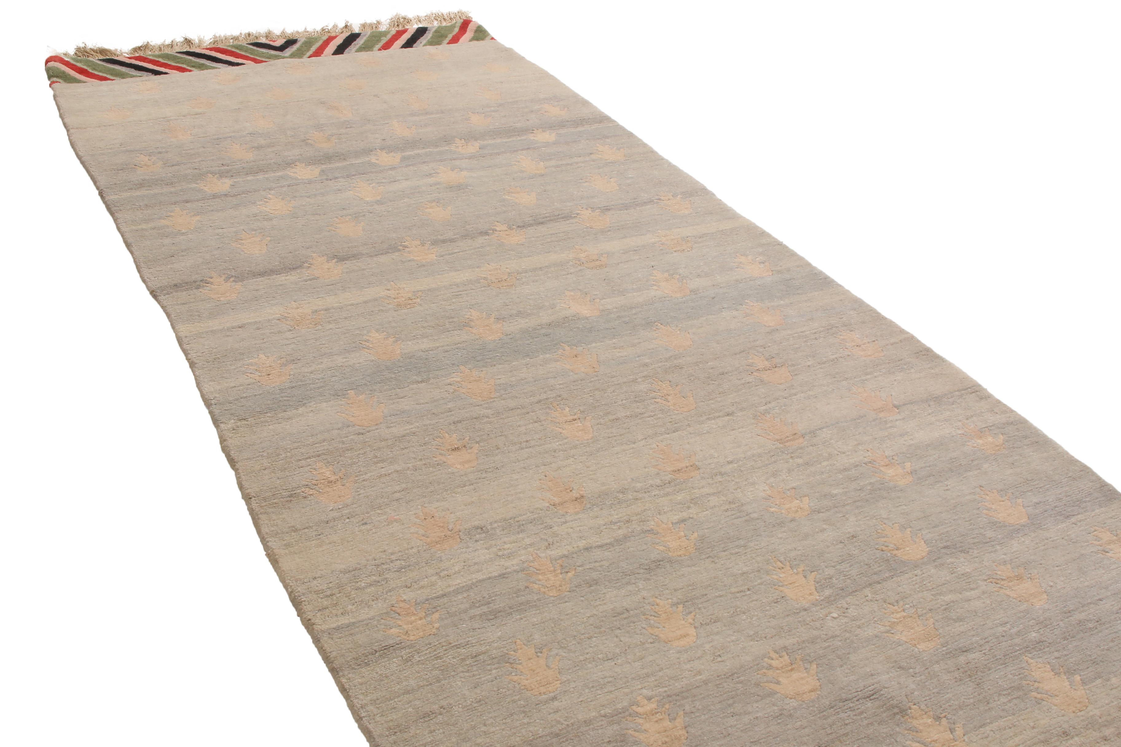 Hand-Knotted Youngste Geometric Siver-Gray and Green Wool Runner