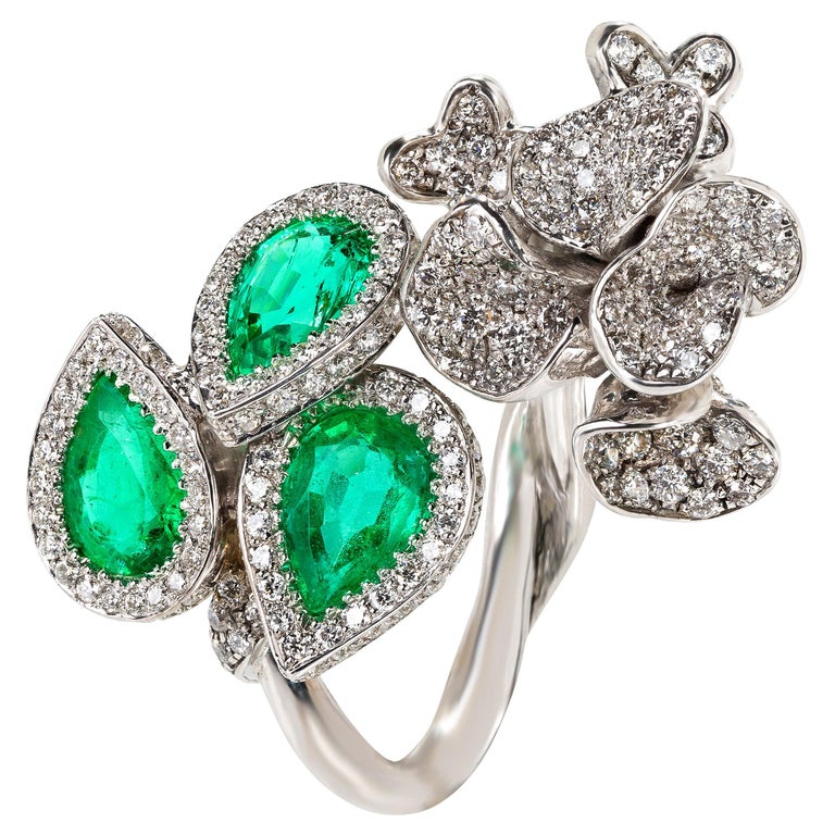 Rosior one-off Pear Cut Emerald and Diamond Cocktail Ring set in White ...