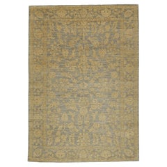 Contemporary Ziegler Rug with All-Over Scrolling Gold Palmettes on Aqua Blue