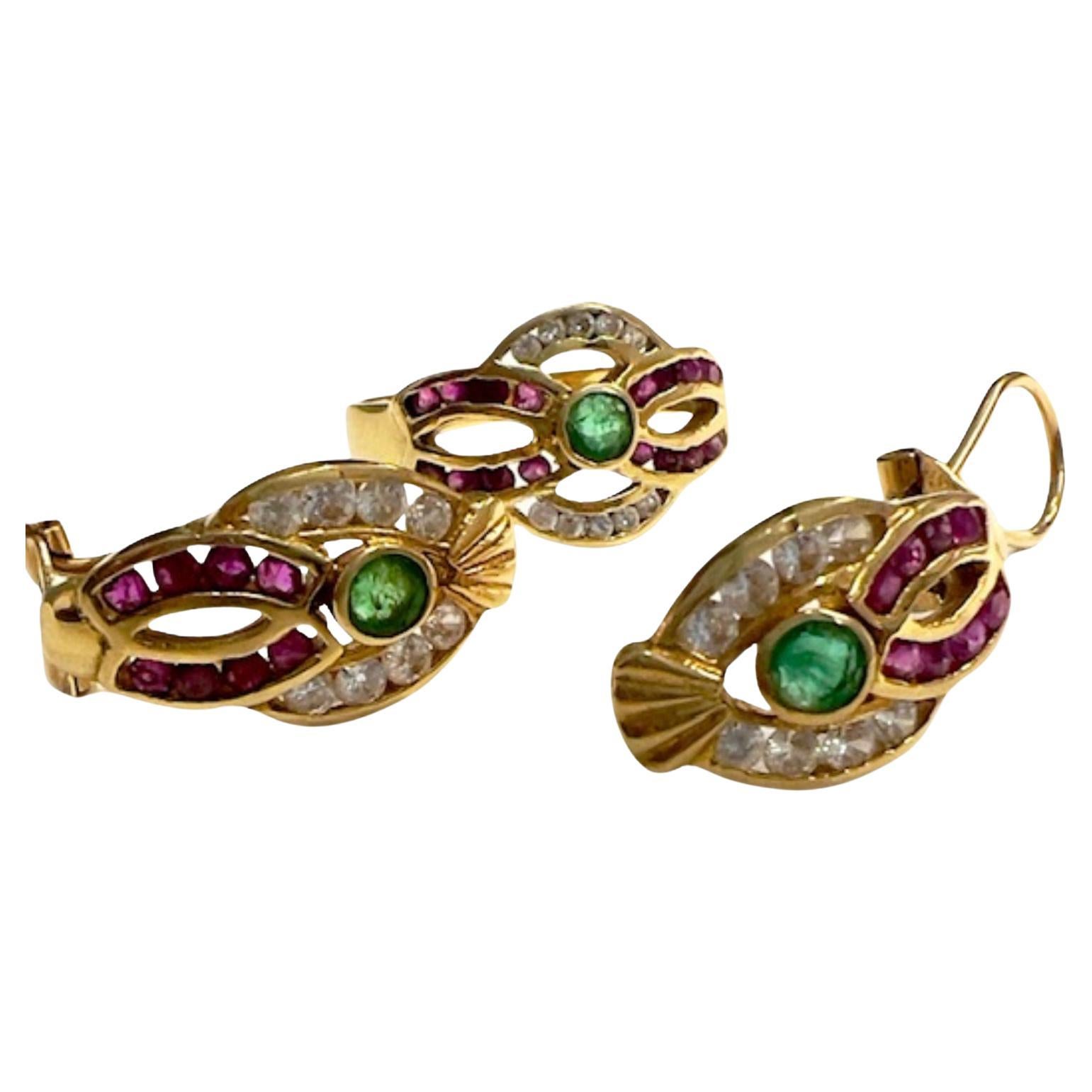 Contemporary Zircon, Emeralds, a Rubies 18 kts yellow Gold Earrings and Ring 