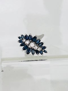 Contemporary, Marquise Blue Sapphires and Diamonds, 14 Karat White Gold Ring