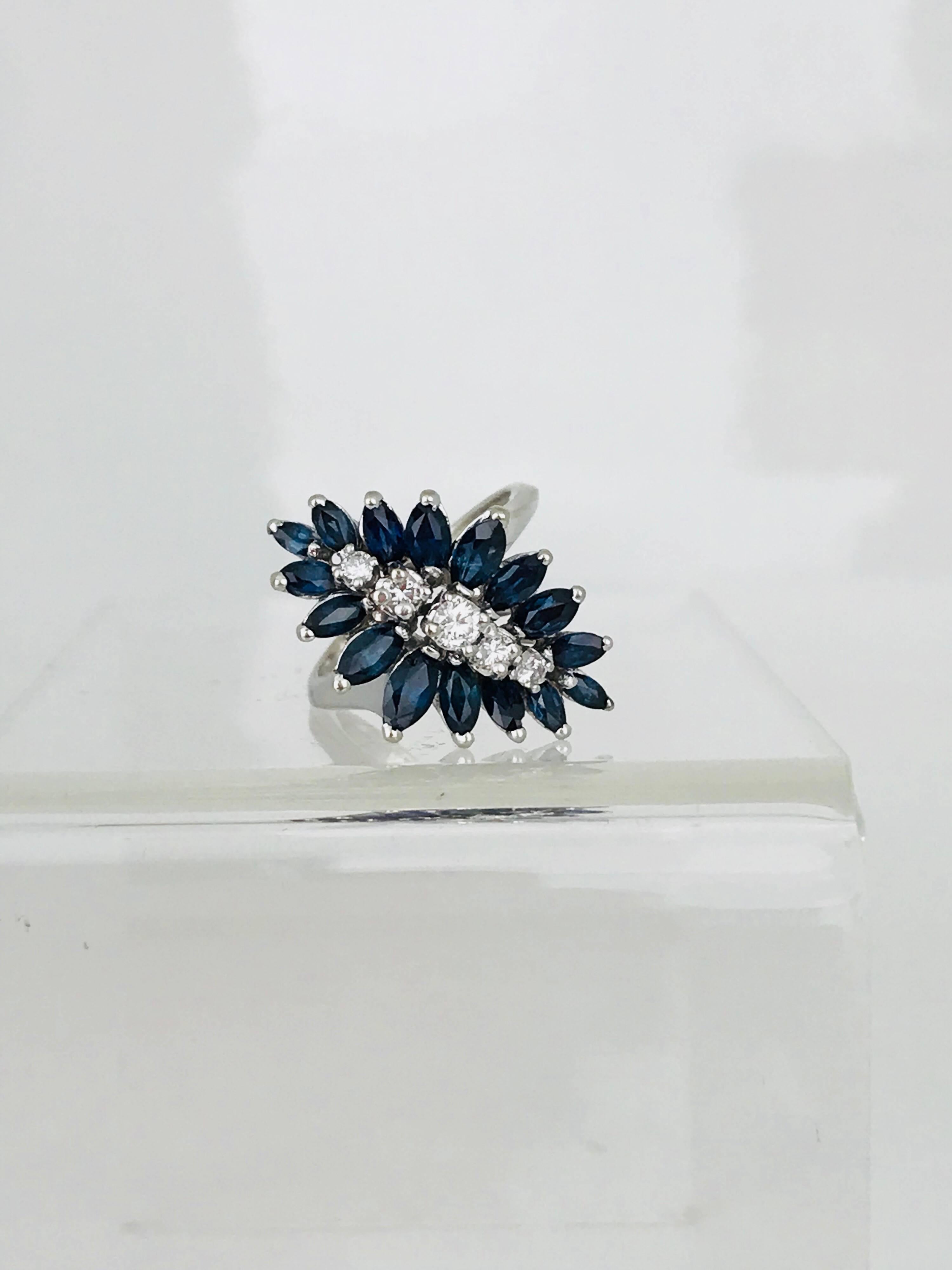 Marquise Cut Contemporary, Marquise Blue Sapphires and Diamonds, 14 Karat White Gold Ring For Sale