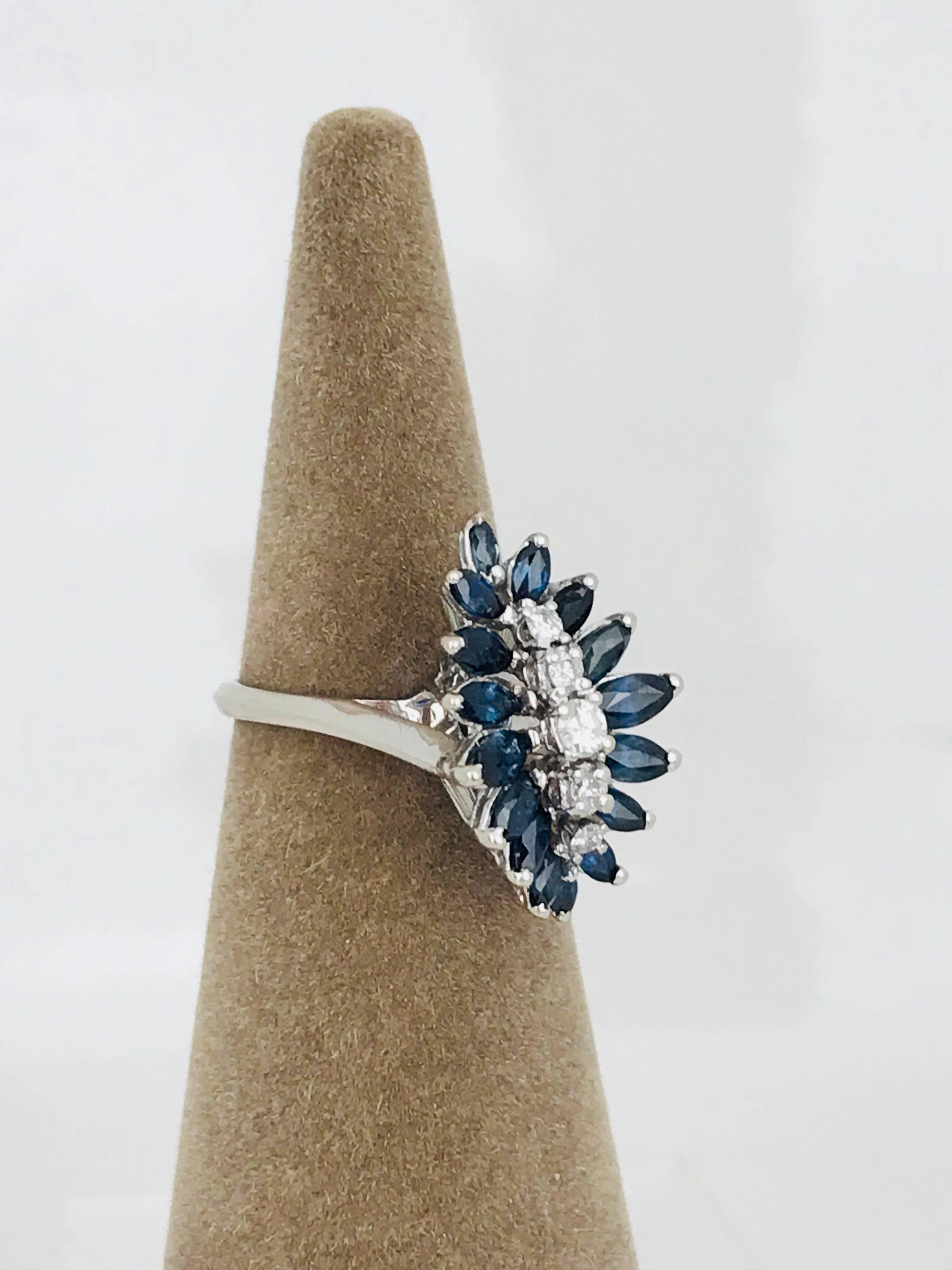 Women's or Men's Contemporary, Marquise Blue Sapphires and Diamonds, 14 Karat White Gold Ring For Sale