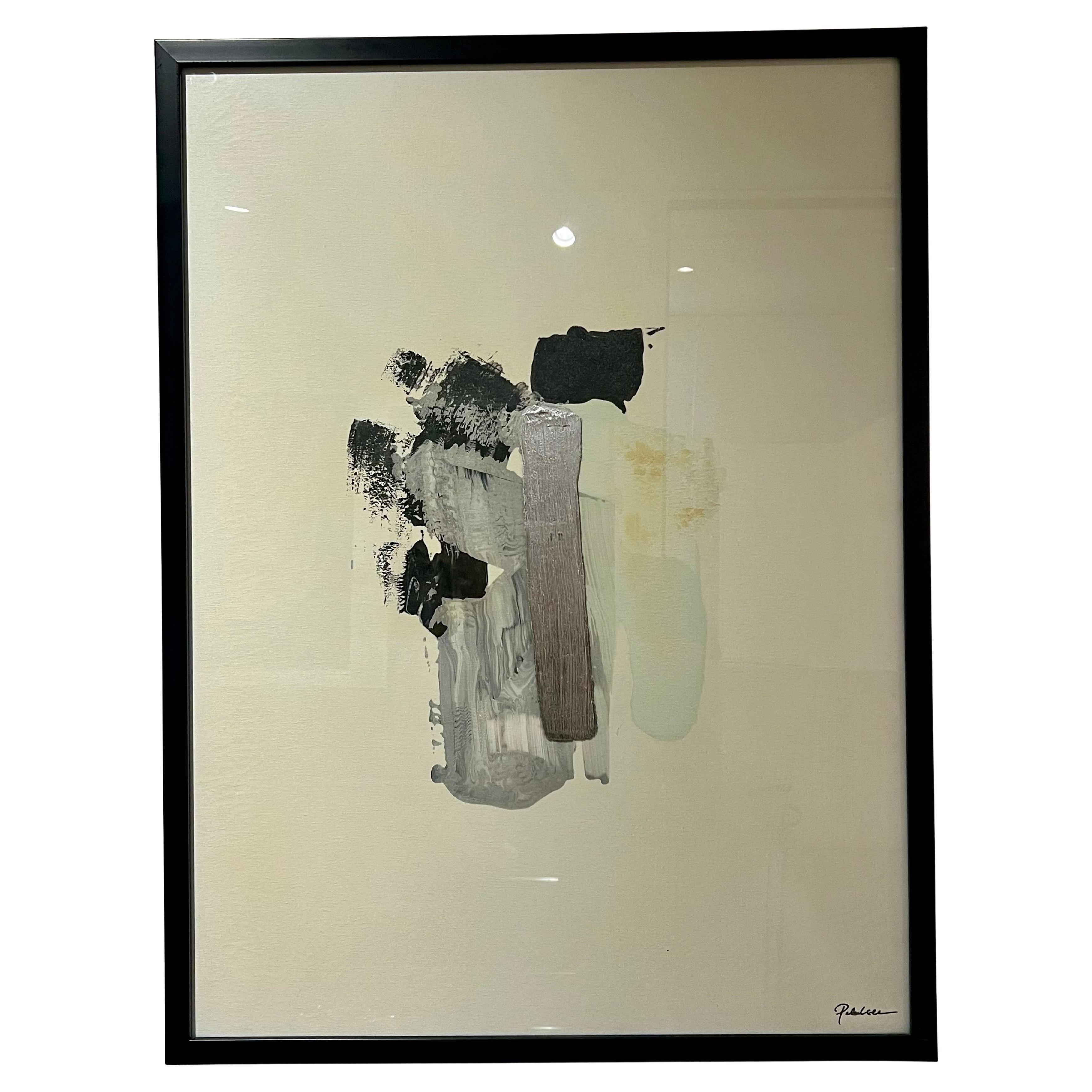 Large Mix Media abstract original painting signed nicely framed , the silver paint is on the surface of the glass.Signed painted on fabric textured.