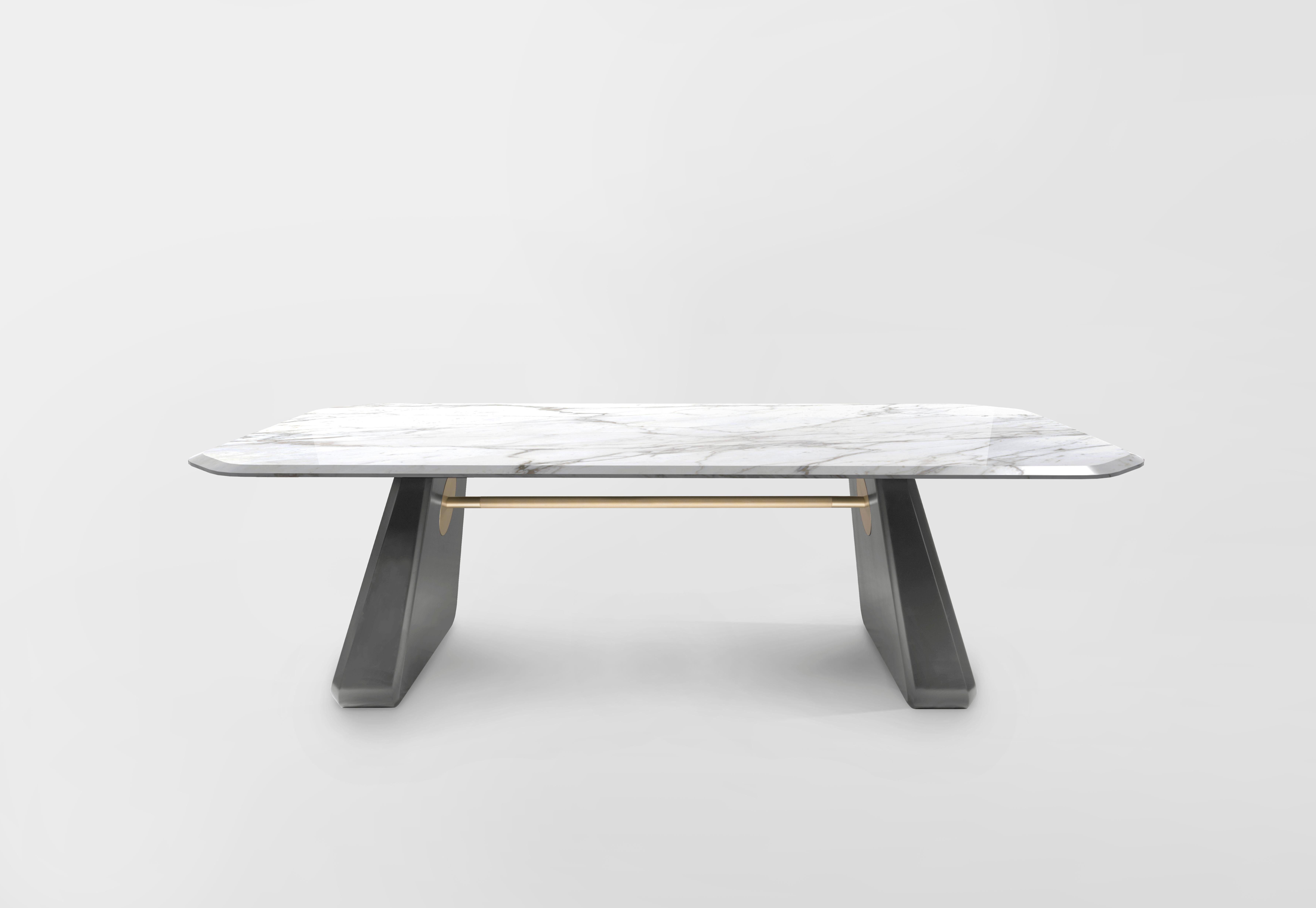 Dining table Henge is a creation by Artefatto Design Studio for Secolo

Height: 74cm

Top size:
- 180 x 110cm
- 210 x 120cm
- 240 x 130cm

Customization:
– Top size
– Top shape (rounded or beveled)
– Type of wood
– Type of marble.
