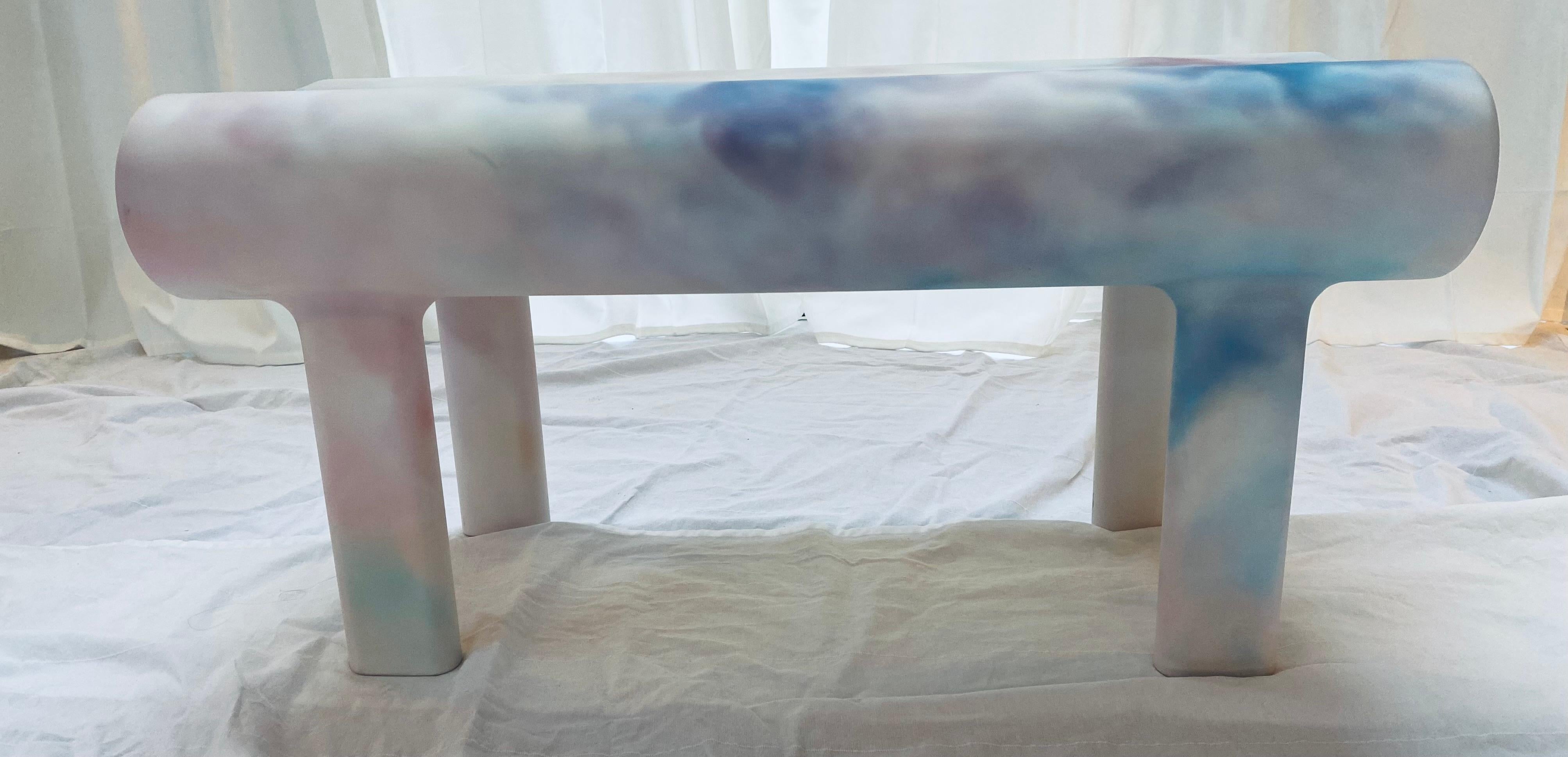 Contemporary sculpted bench from solid beech wood and coated with an indoor, outdoor matte acrylic finish. Designed by Zelonky Studios to enliven the home, office, lobbies or outdoor patio. This particular bench is entitled the Cloud.