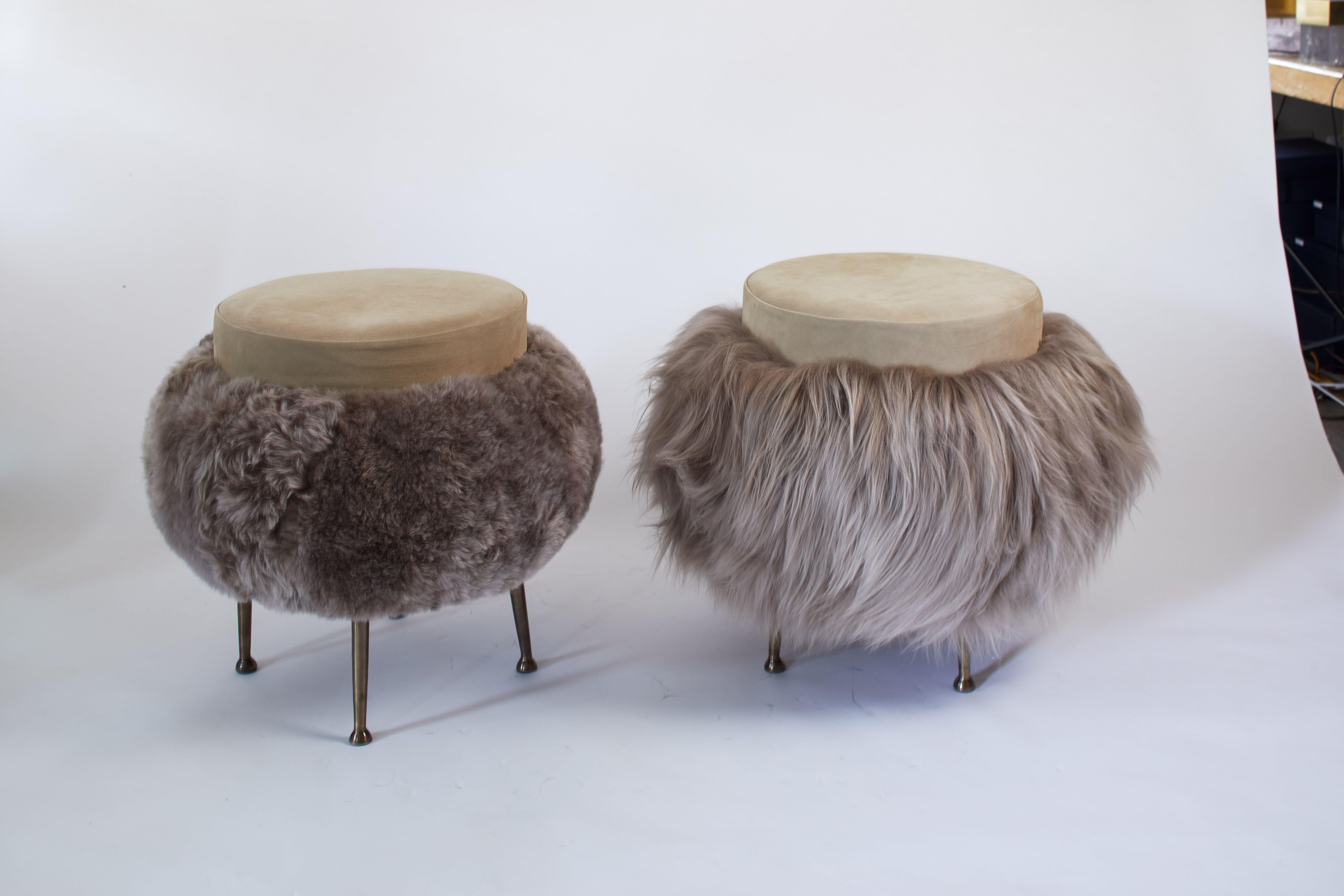 Contemporary French bespoke stool with taupe suede and long haired sheep.