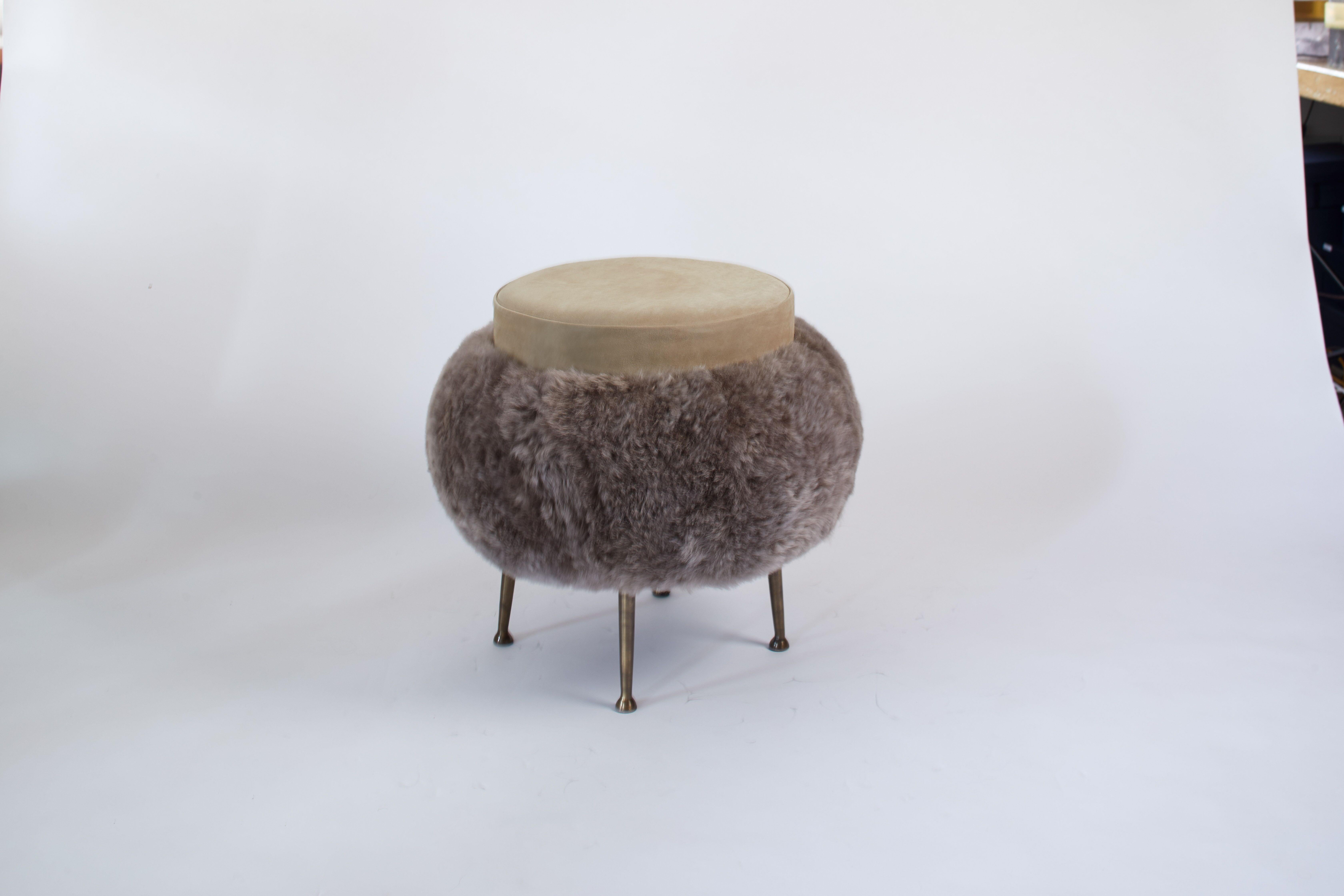 Contemporary Contemproarary French Bespoke Stool with Taupe suede & Long Haired Scandavnaian 