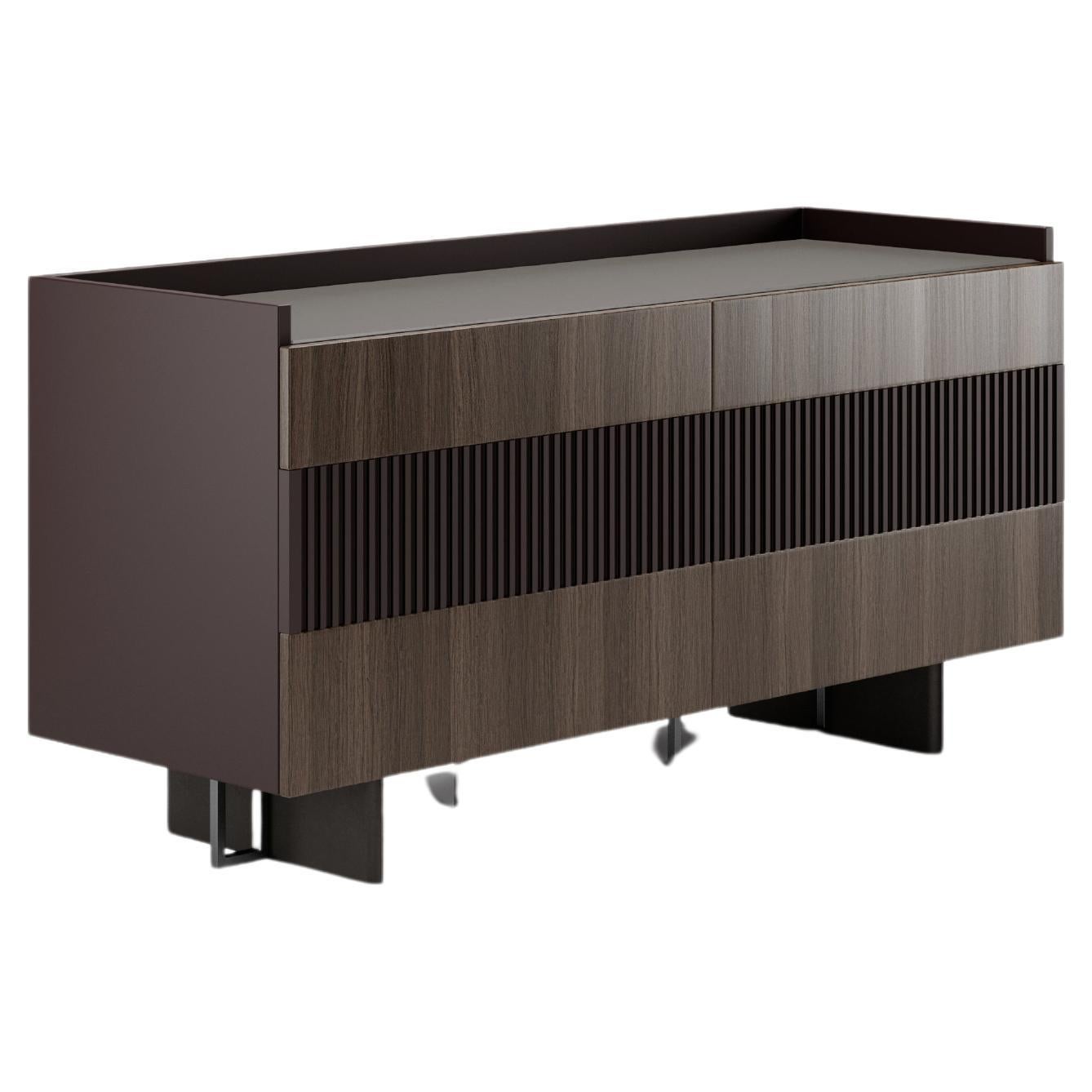 Keith storage unit, lacquered/ milled case frame, leather top, metal base For Sale