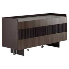 Keith storage unit, lacquered/ milled case frame, leather top, metal base
