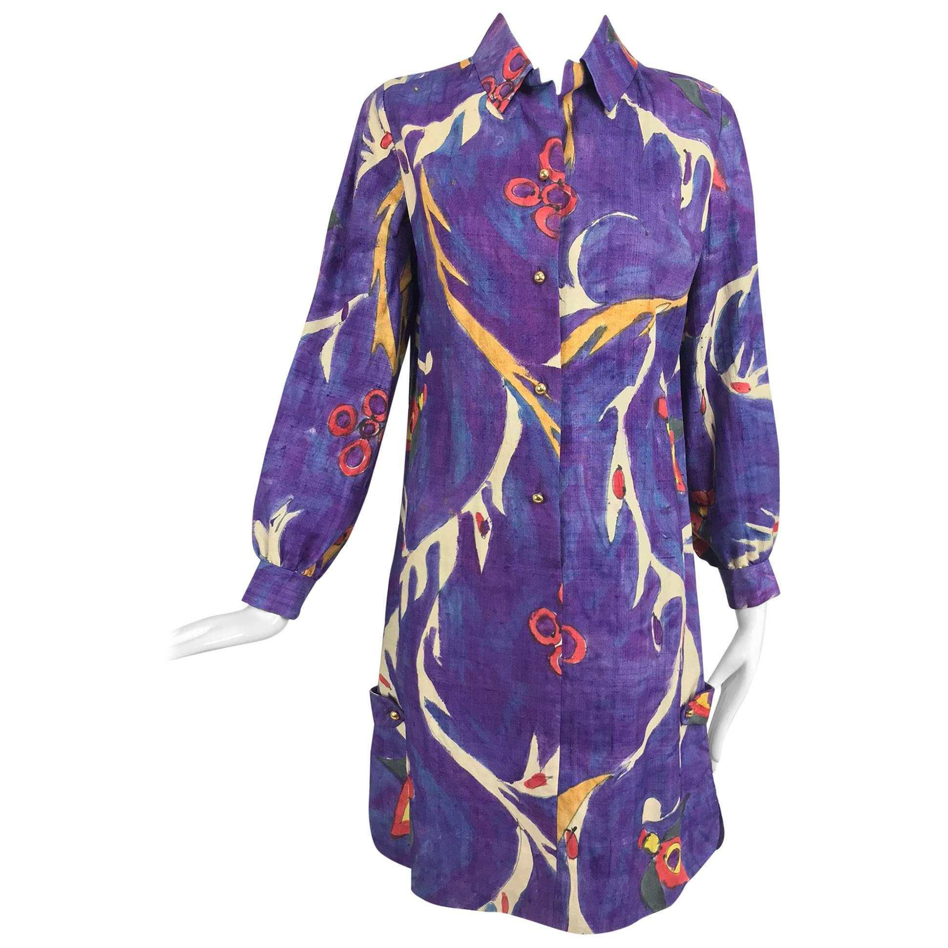 Contessa Hong Kong hand painted raw silk shirt dress  1960s