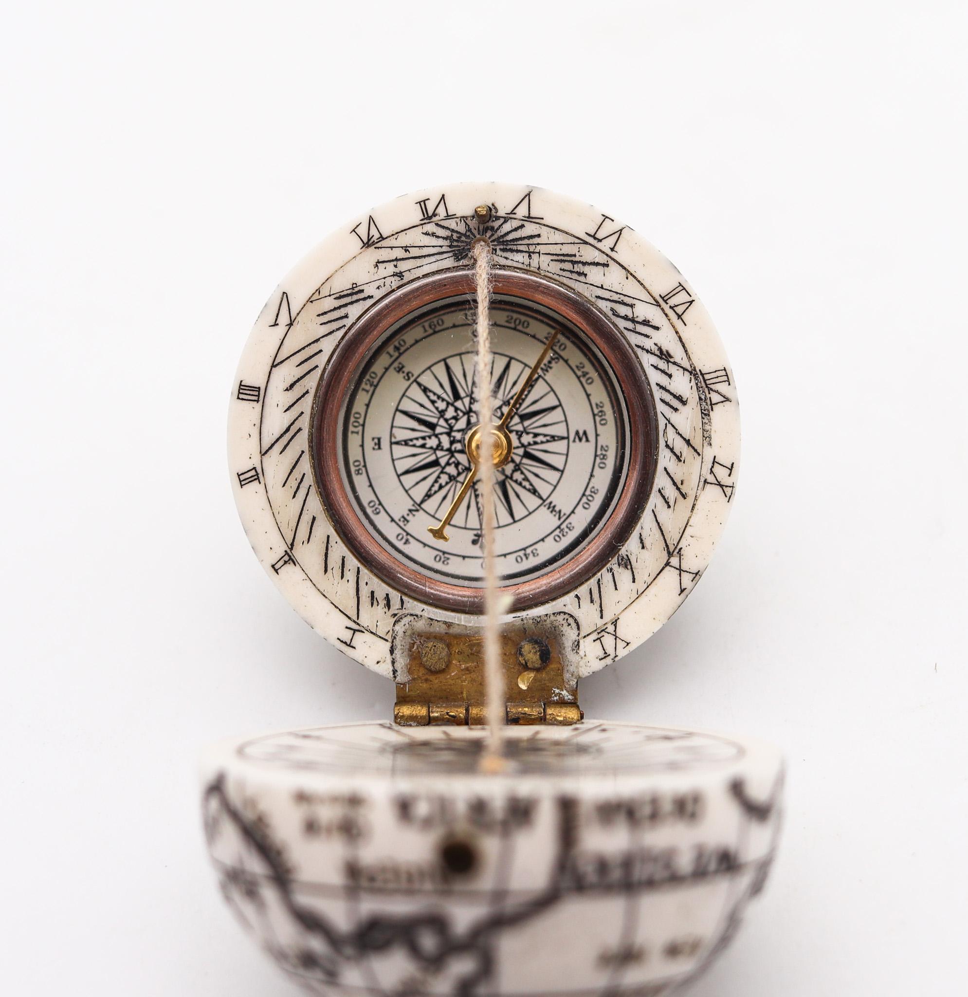 Hand-Carved Continental 1850 Compass And Sundial Carved in The Shape of a Terrestrial Globe