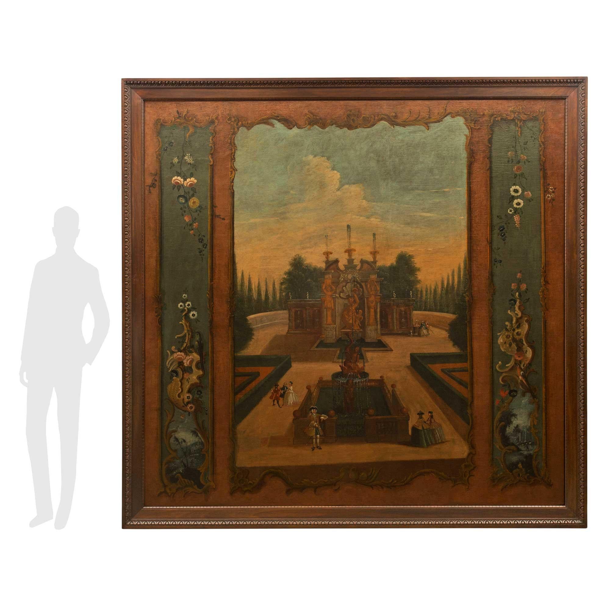 An impressive and large scale Continental 18th century oil on canvas painting. The painting is framed within a fine walnut frame with a carved wrap around Les Oves pattern. The painting depicts a beautiful and most charming scene of gardens and a