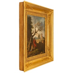 Huile sur toile continentale du XVIIIe siècle dans son cadre d'origine en bois doré