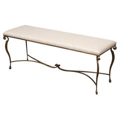 Continental 1920s Gilt Iron Bench with Curving Legs and New Linen Upholstery