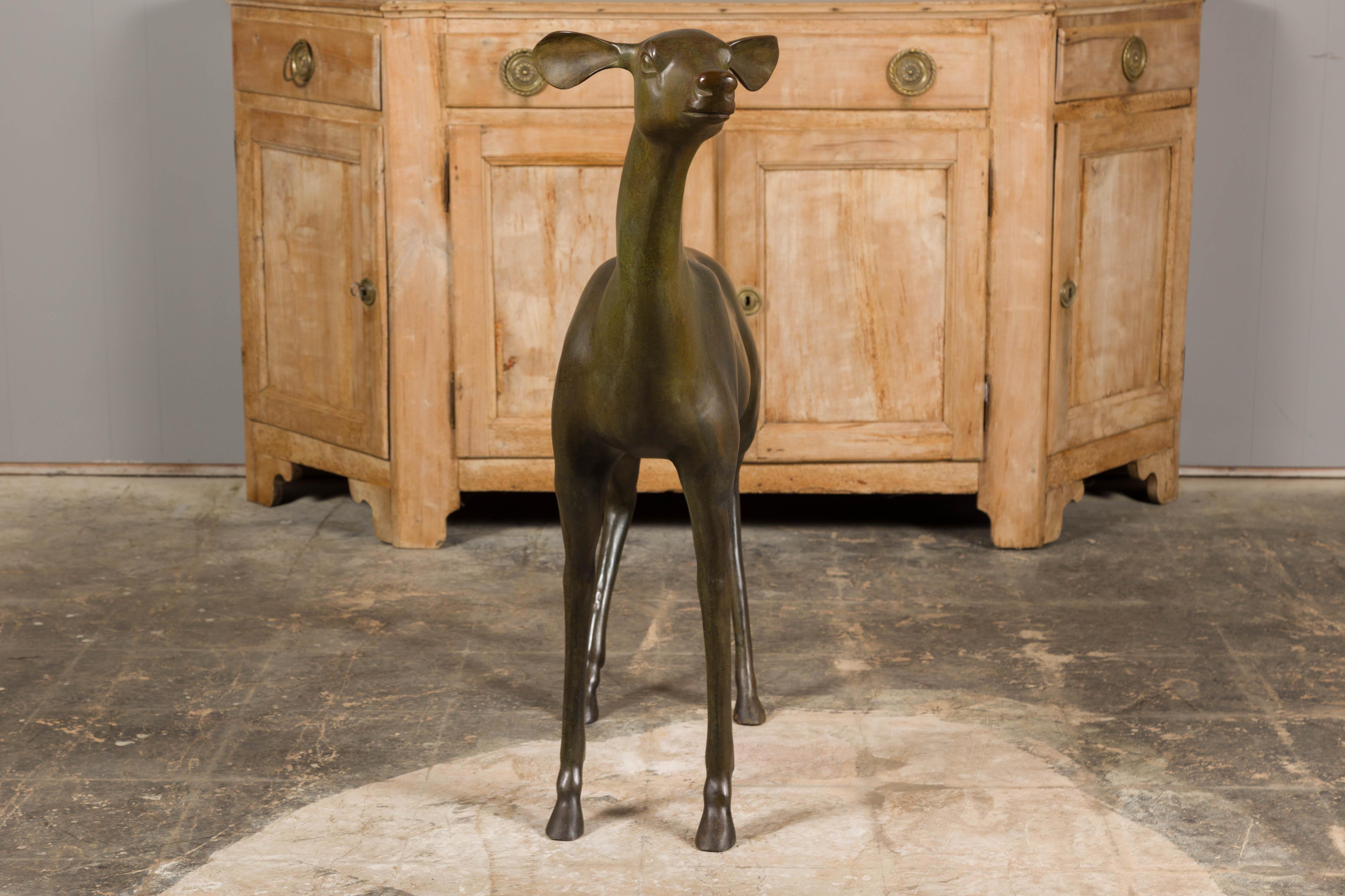 Continental 1930s Life Size Bronze Sculpture of a Deer Standing on its Four Legs For Sale 1