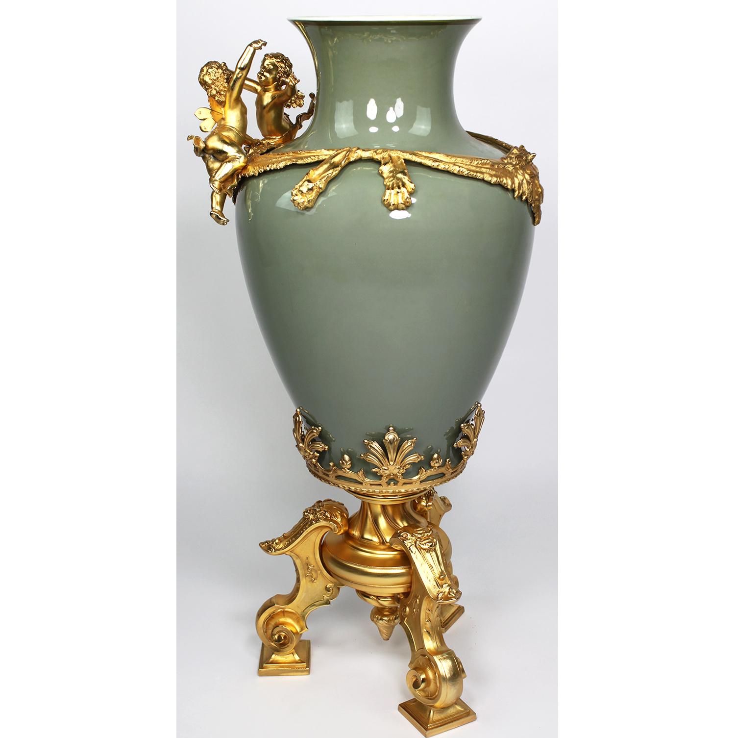 Romantic Continental 19th-20th Century Porcelain and Gilt Metal Mounted Vase with Cherubs