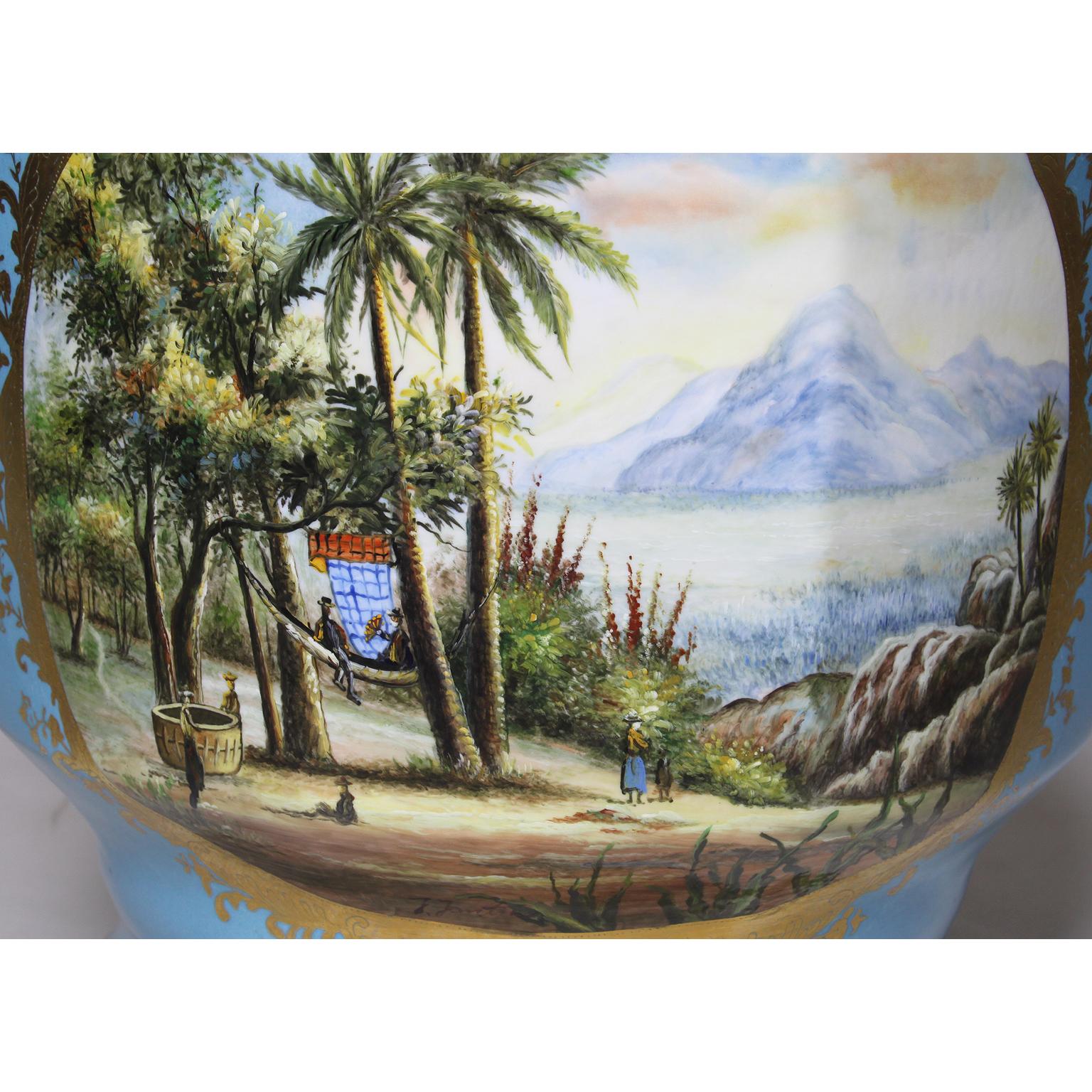 Hand-Painted Continental 19th-20th Century Porcelain Cachepot Planter Vases Wine Coolers Pair For Sale