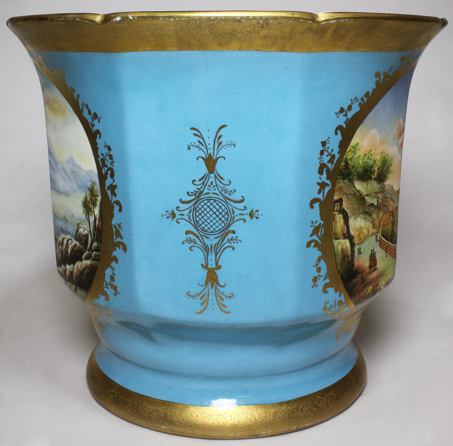 Continental 19th-20th Century Porcelain Cachepot Planter Vases Wine Coolers Pair In Good Condition For Sale In Los Angeles, CA