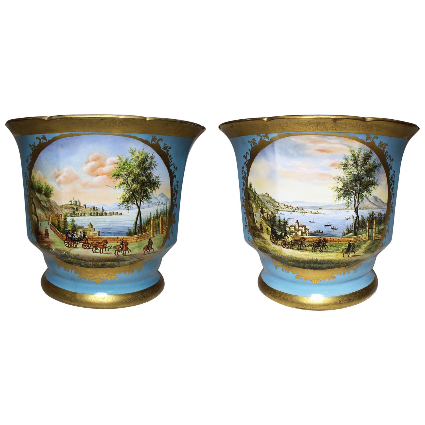 Continental 19th-20th Century Porcelain Cachepot Planter Vases Wine Coolers Pair For Sale