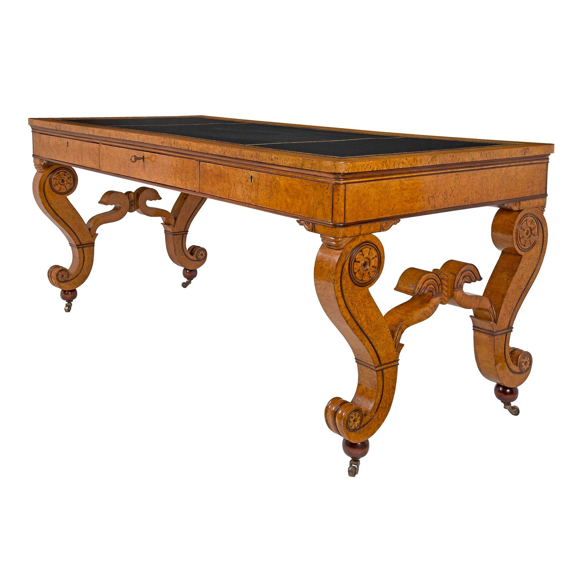 Ebonized Continental 19th Century Burl Maple Biedermeier Desk or Center Table For Sale