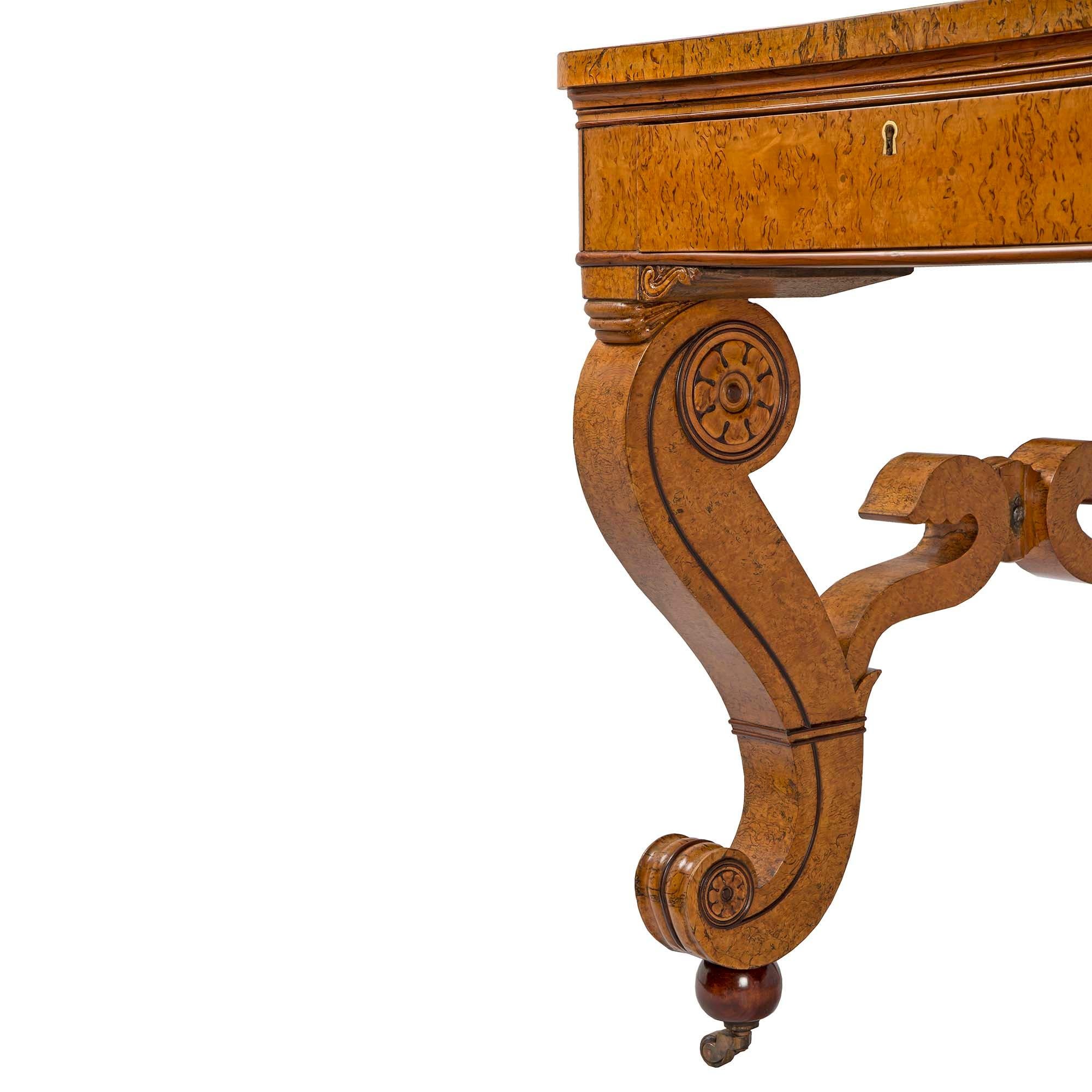 Brass Continental 19th Century Burl Maple Biedermeier Desk or Center Table For Sale