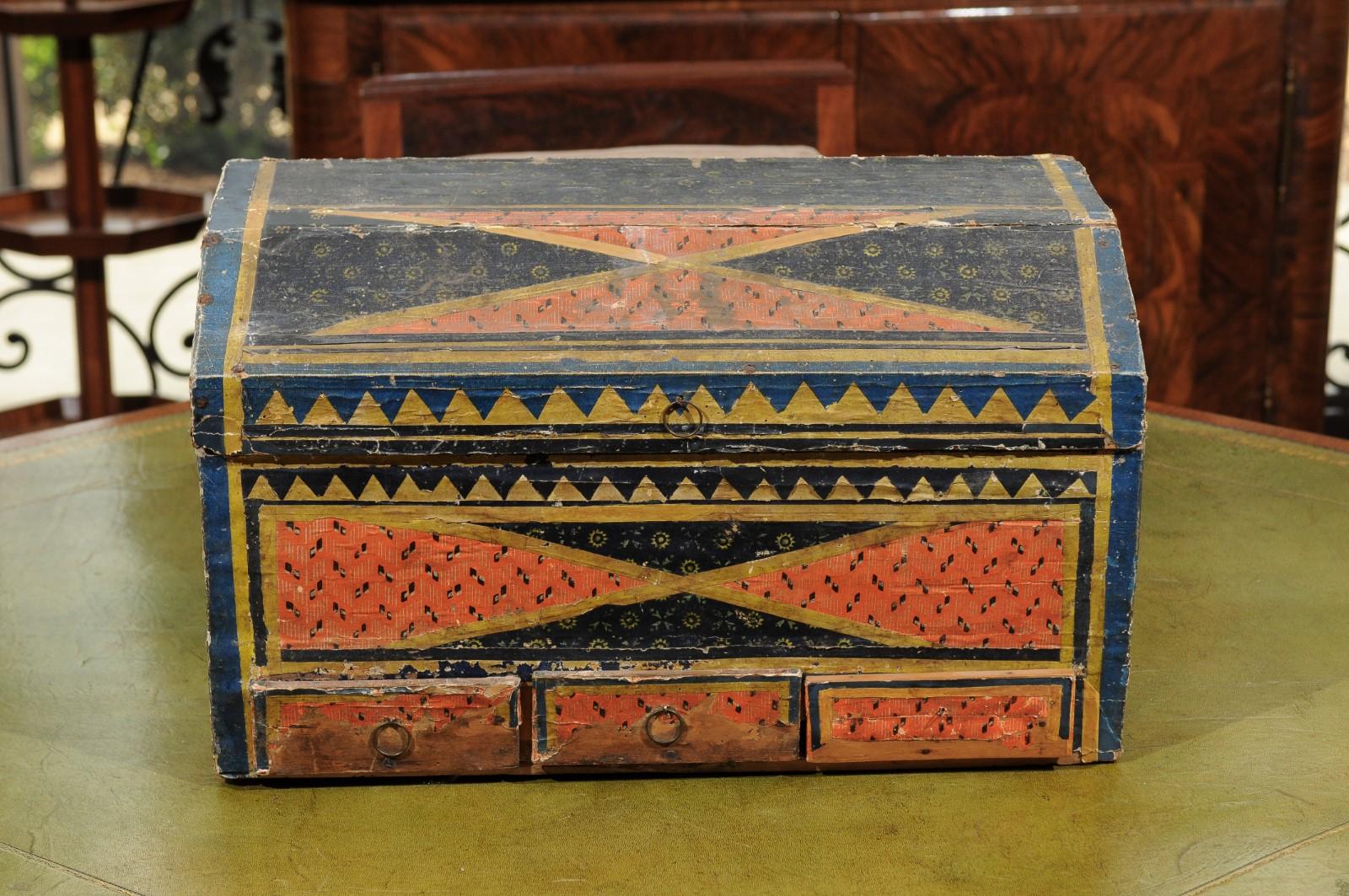 Continental 19th Century Decorated Painted Paper Lined Wooden Box 4