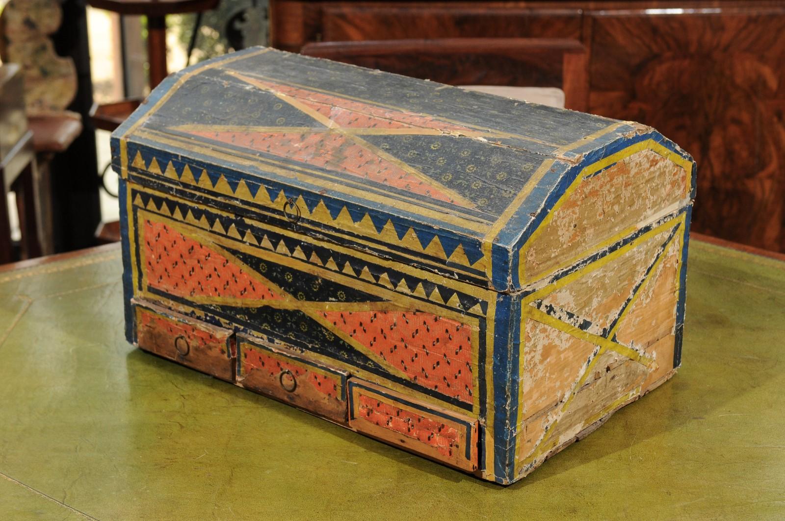 Continental 19th Century Decorated Painted Paper Lined Wooden Box 5