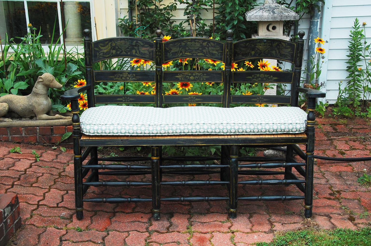 Continental 19th Century Ladderback Bench with Original Decoration 2