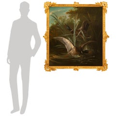 Dipinto di scuola Continental School del XIX secolo, olio su tela e legno dorato, raffigurante delle anatre