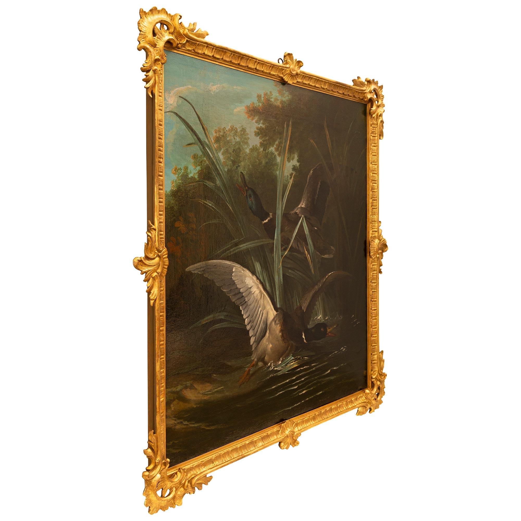 Unknown Continental 19th century Oil on Canvas and Giltwood school painting of ducks For Sale