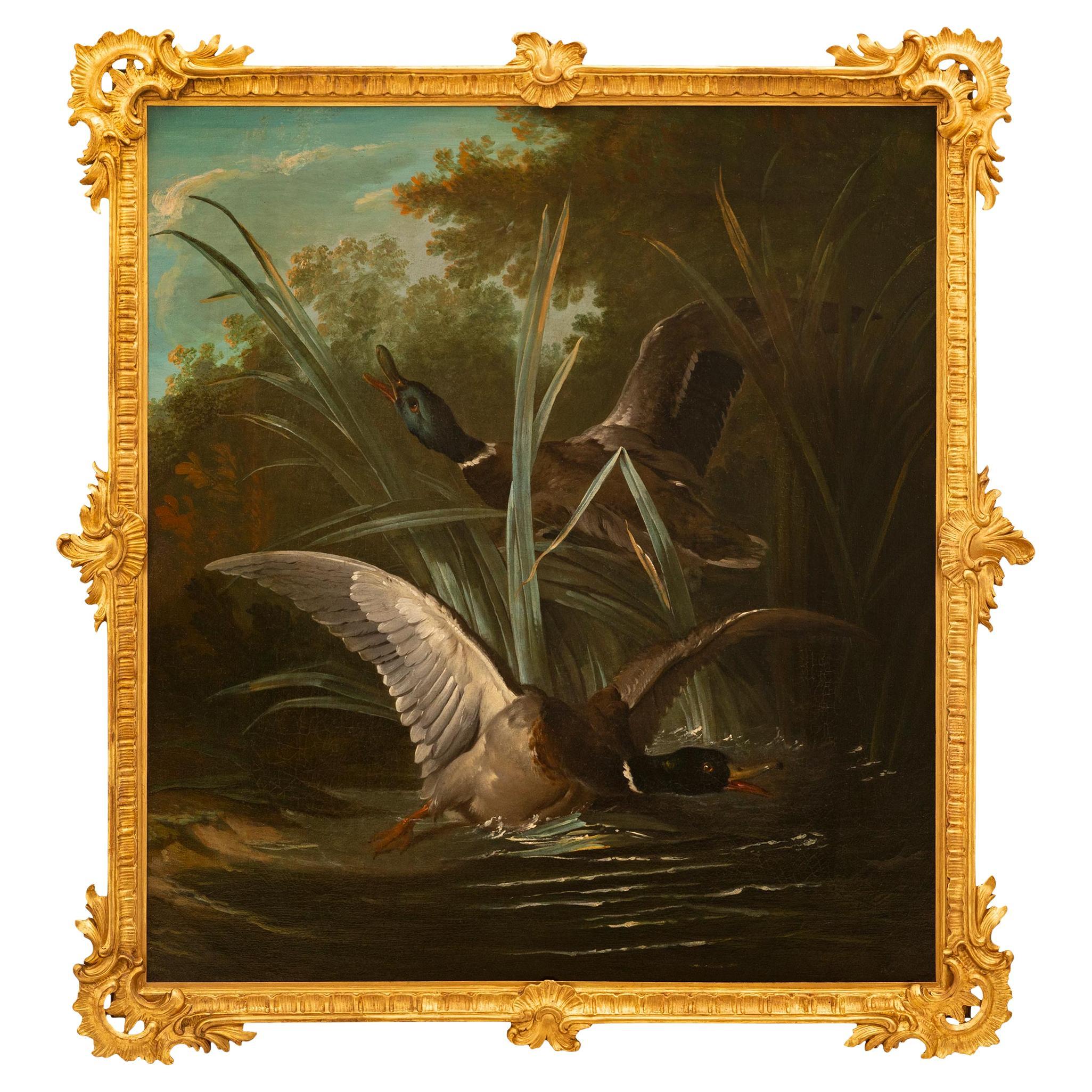 Continental Siglo XIX Óleo sobre lienzo y pintura de la escuela de Giltwood de patos