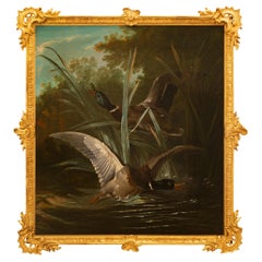 Continental Siglo XIX Óleo sobre lienzo y pintura de la escuela de Giltwood de patos