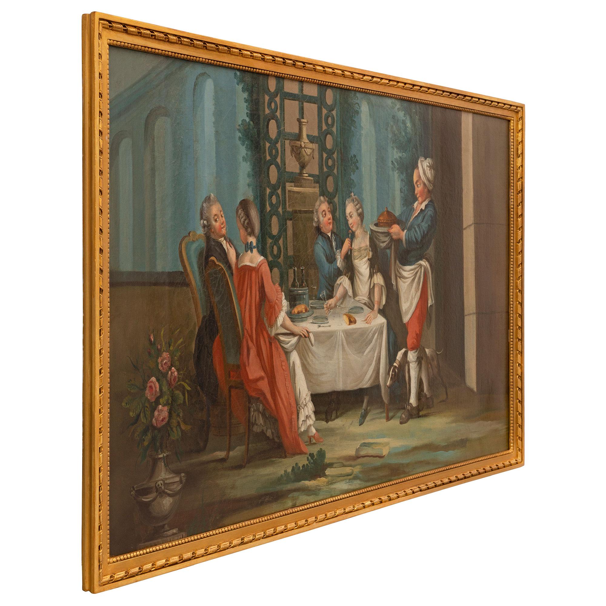 A wonderfully executed Continental 19th Century oil on canvas painting. The painting is set within its original giltwood frame with a most elegant mottled, beaded and twisted rope design. The charming painting depicts two couples sitting at a dining