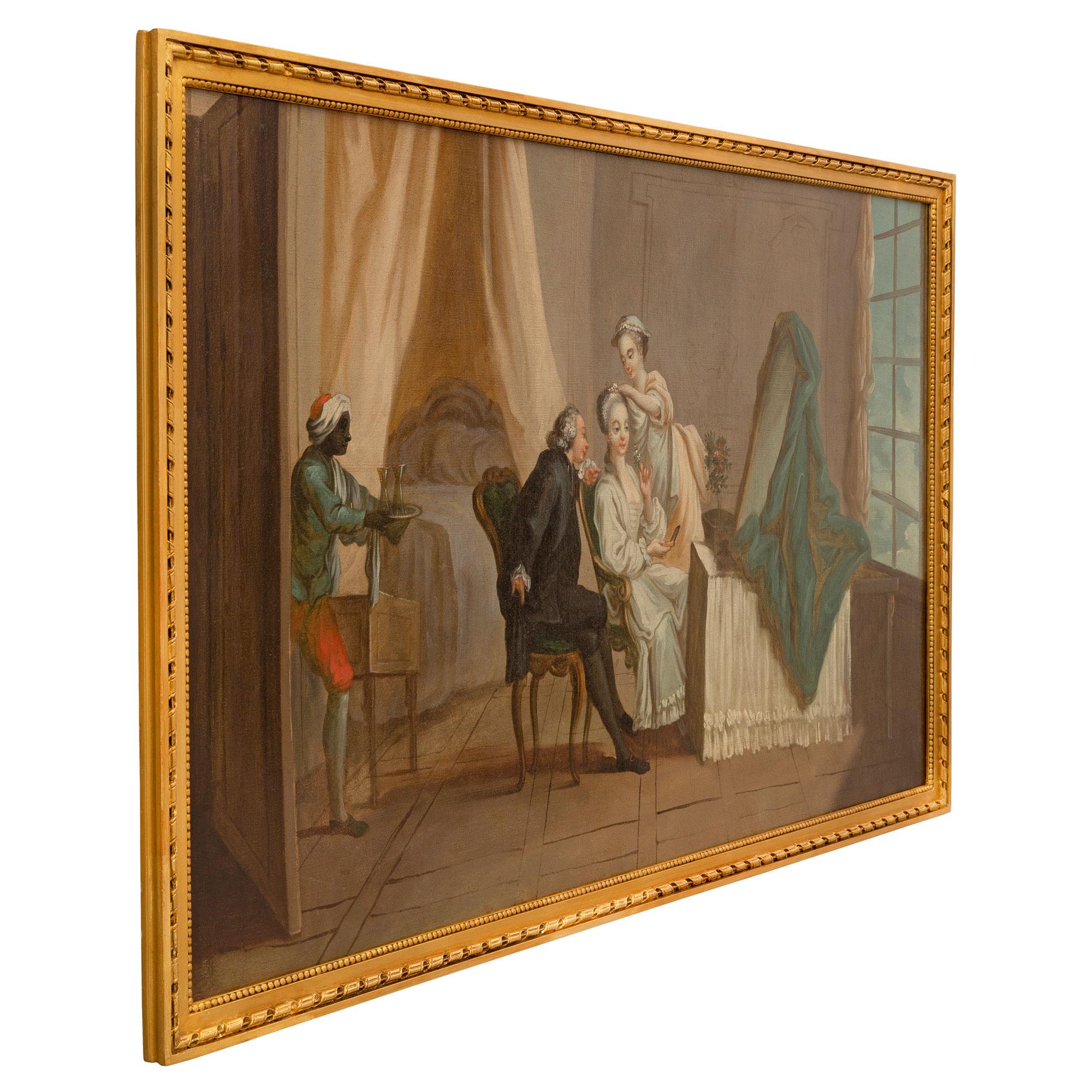 A wonderfully executed Continental 19th Century oil on canvas painting. The painting is set within its original giltwood frame with a most elegant mottled, beaded and twisted rope design. The painting depicts an elegant maiden in a long flowing
