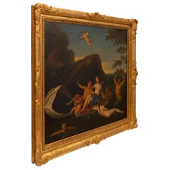 Quadro continentale a olio su tela del XIX secolo con cornice originale in legno dorato