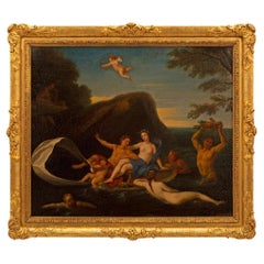 Peinture à l'huile sur toile continentale du XIXe siècle dans son cadre d'origine en bois doré