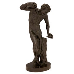 Continental 19th Century Patinated Bronze Statue of a Dancing Faun with Cymbals